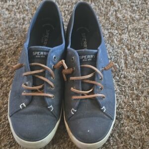 Sperry Navy Canvas Shoes with Tan Laces
